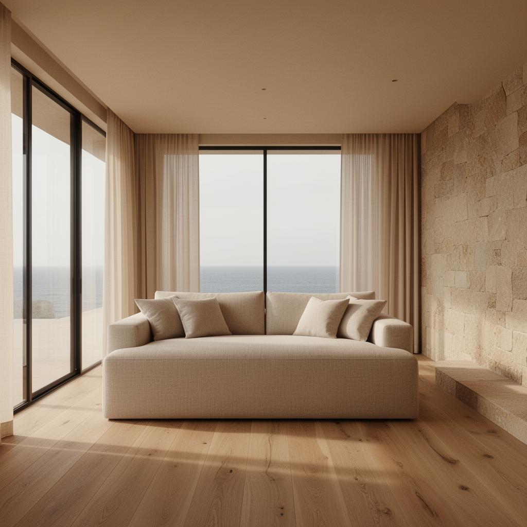 Calm coastal interior with linen sofa and ocean view